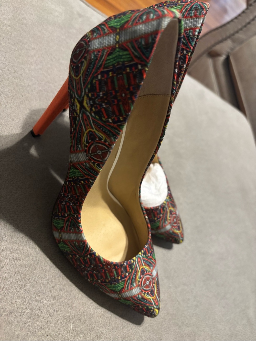 GX by Gwen Stefani Multicolor Patterned Pointed Toe Pumps with Orange Heel